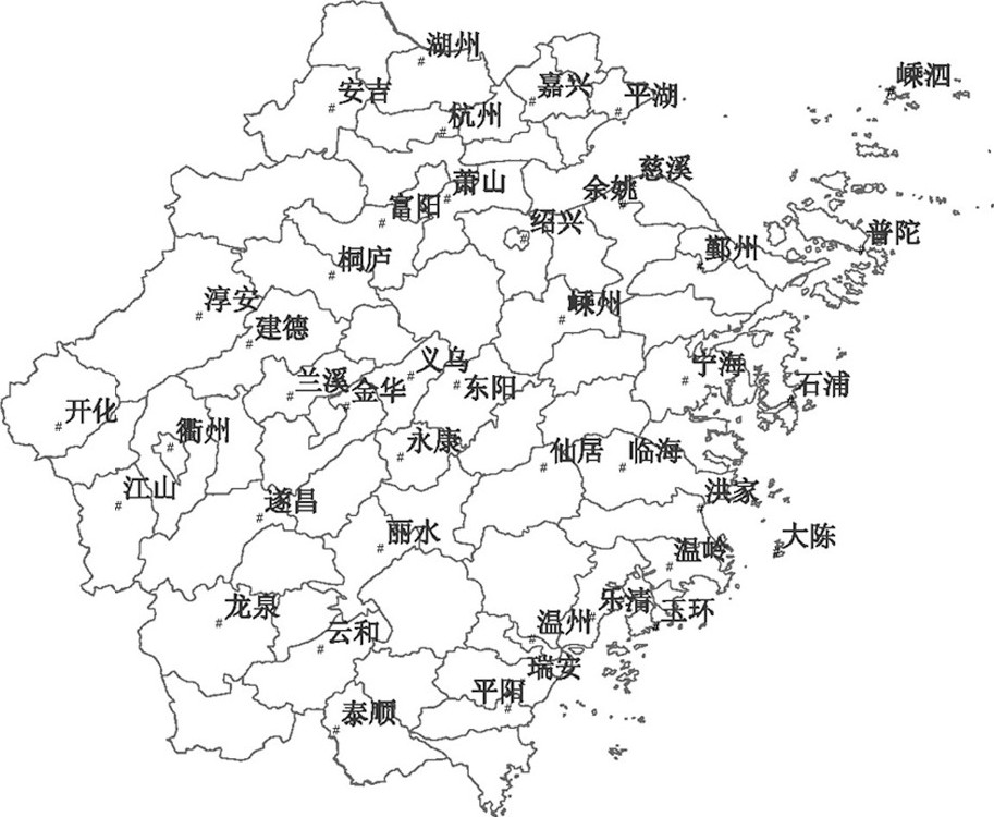 ͼ1 㽭ʡ۲վռֲ״Fig.1 Distribution of the meteorological observation stations in Zhejiang Province