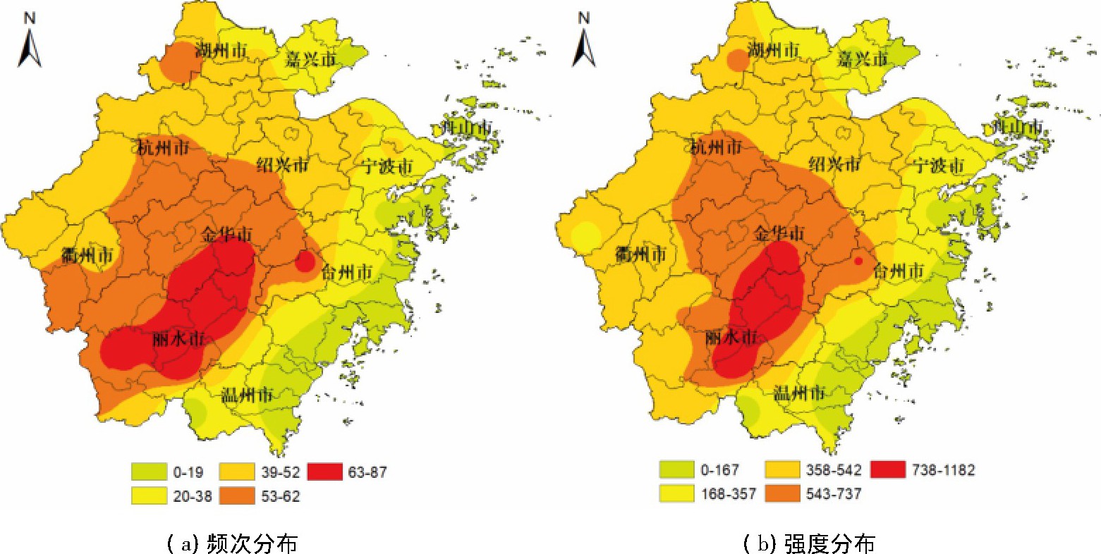 ͼ2 1961-2010㽭ʡȺƵǿȷֲͼFig.2 Distribution of total frequency and total intensity of high temperature events in Zhejiang province from 1961 to 2010