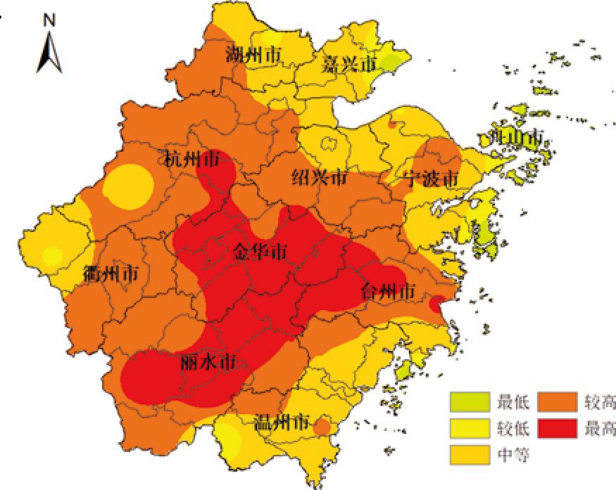 ͼ5 㽭ʡ絾ȺΣնռֲͼFig.5 Heat-stress-hazard zonation map for early rice in Zhejiang Province