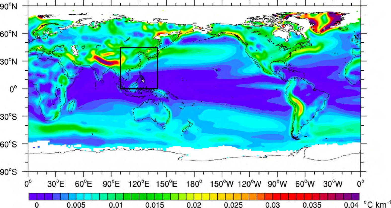 ͼ2 1960~2014ȫƽر¶ȵĶάռݶ (λ:C km-1) ֲFig.2 Spatial distribution of annual average global surface temperature gradient (units:C km-1) during 1960C2014