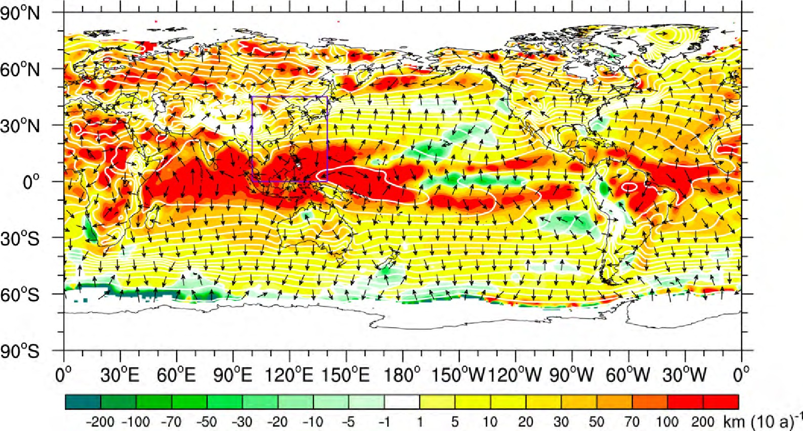 ͼ3 1 9 6 0~2014ȫرƽ¶ȵ仯ٶ[λ:km (10 a) -1]ռֲɫʵߴرƽ¶ȵĵ;ʸر¶ƶٶȵķ;ɫǳر¶ƶٶȵĴС;ɫӰ () ֵů () Fig.3 The velocity[units:km (10 a) -1]of climate change reflected in isotherms (white lines) moving of annual average global surface temperature during1 9 6 0C2014.Positive (negative) values indicate warming (cooling) areas (color shadings) ;white solid lines represent geographic isotherms;arrows and different colors illustrate the direction (perpendicular to isotherms) and magnitude of the velocity, respectively