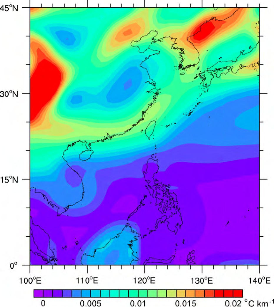 图7 1960~2014年中国东部地区年平均地表温度的空间梯度 (单位:°C km-1) 分布Fig.7 Spatial distribution of annual average surface temperature gradient (units:°C km-1) in eastern China during 1960–2014