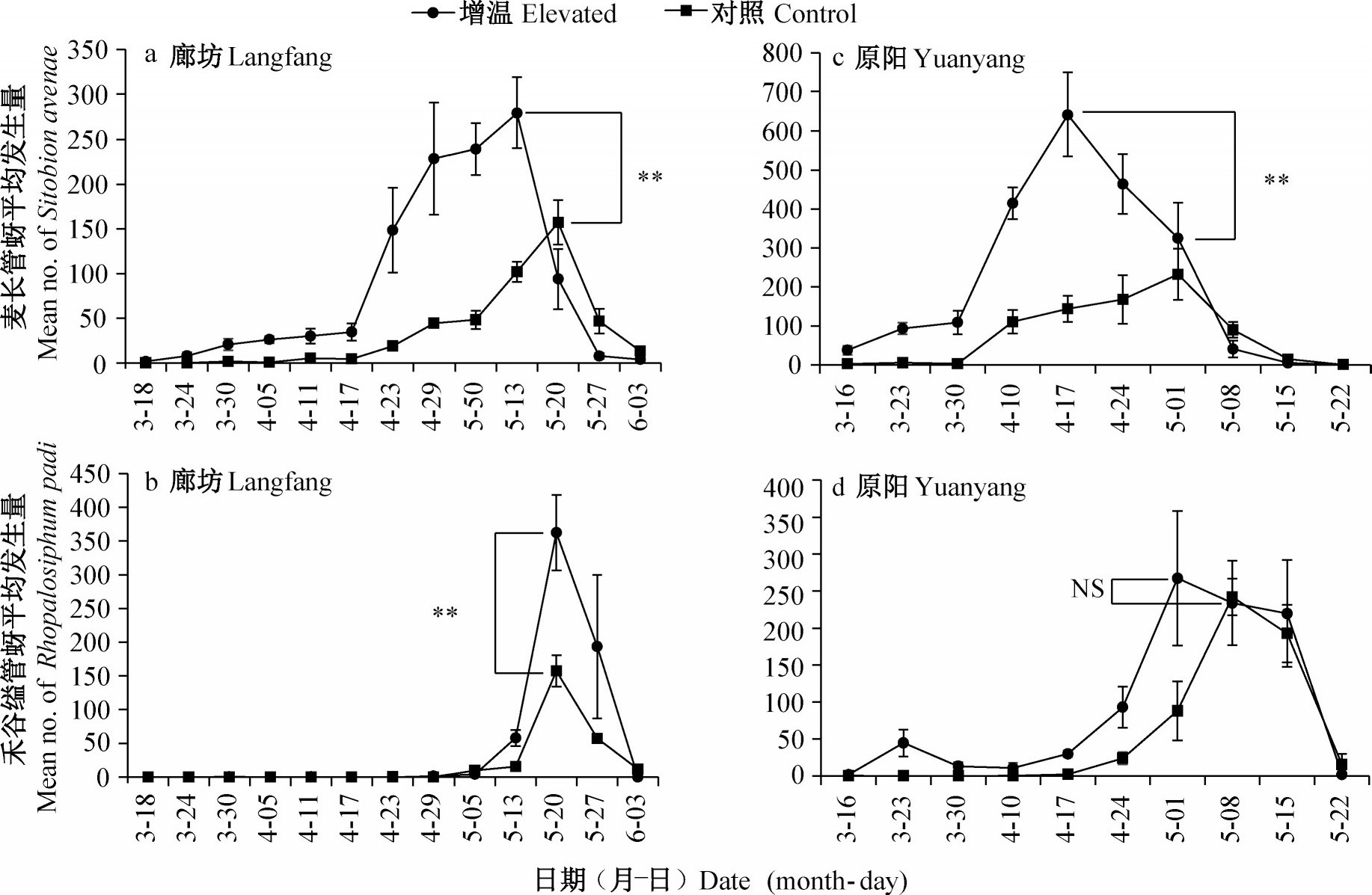 ͼ3 ¶Ըγȵȷк͵γȵԭ󳤹ͺ̹˹Ⱥ̬ӰFig.3 Population dynamics of wheat aphids at Langfang and Yuanyang experimental stations