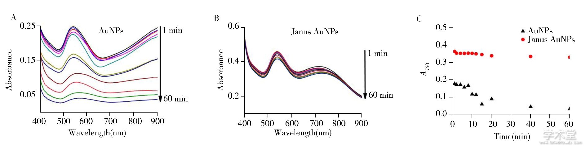 ͼ8 35 nm AuNPs (A) Janus AuNPs (B) 1 mmol/L Fe3+ʱչʱ仯ͼA750ʱ仯̬ (C)